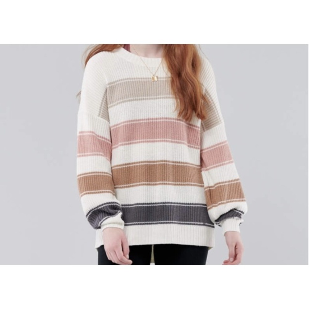 Hollister Striped Crewneck Sweater Women XS White Pink Excellent Oversized Knit